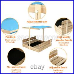 Bench Garden Wood Sandbox with Canopy Covered Seats Kids Play Sand Box Toy