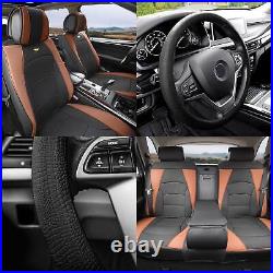Car Seat Cover Leatherette 5 Seats Full Set Black Brown with Black Steering Cover