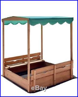 Kids Canopy Covered Cedar Sandbox with Foldable Bench Seats by Naomi Home