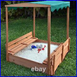 Kids Canopy Covered Cedar Sandbox with Foldable Bench Seats by Naomi Home