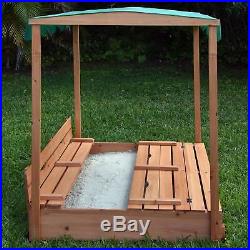 Kids Canopy Covered Cedar Sandbox with Foldable Bench Seats by Naomi Home