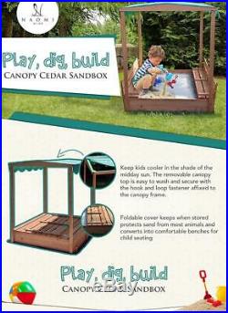 Kids Canopy Covered Cedar Sandbox with Foldable Bench Seats by Naomi Home