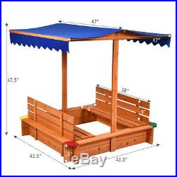 Kids Sandbox With Waterproof Cover Canopy Wooden 2 Bench Seats Outdoor Playset