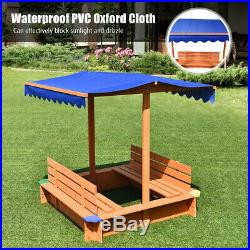 Kids Sandbox With Waterproof Cover Canopy Wooden 2 Bench Seats Outdoor Playset