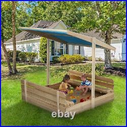 Kids Sandbox with Cover Wooden Outdoor Sandbox + Canopy/ 2 Bench Seats Bea