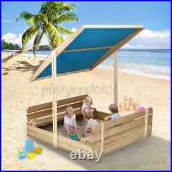 Kids Sandbox with Cover Wooden Outdoor Sandbox with Adjustable Canopy, Bench Seats