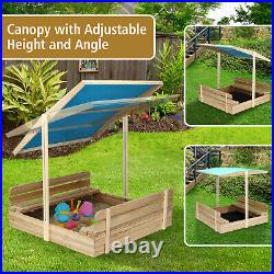 Kids Sandbox with Cover Wooden Outdoor Sandbox with Canopy/ 2 Bench Seats Beach