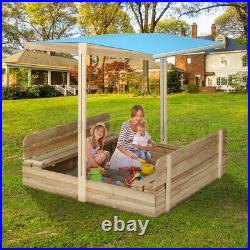 Kids Sandbox with Cover Wooden Outdoor Sandbox with Canopy/ 2 Bench Seats Beach