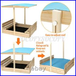 Kids Sandbox with Cover Wooden Outdoor Sandbox with Canopy/ 2 Bench Seats Beach