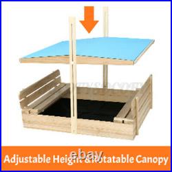 Kids Sandbox with Cover Wooden Outdoor Sandbox with Canopy/ 2 Bench Seats Beach
