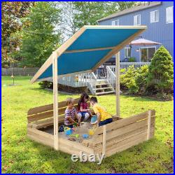 Kids Sandbox with Cover Wooden Outdoor Sandbox with Canopy/ 2 Bench Seats Beach