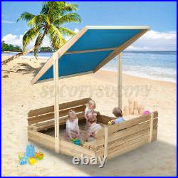 Kids Sandbox with Cover Wooden Outdoor Sandbox with Canopy/ 2 Bench Seats Beach