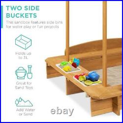 Kids Wooden Cabana Sandbox with Bench Seats Canopy Shade Sandpit Cover 2 Buckets