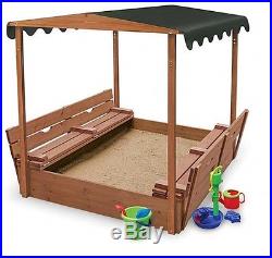 New Outdoor Kids Covered Convertible Cedar Sandbox With Canopy 2 Bench Seats