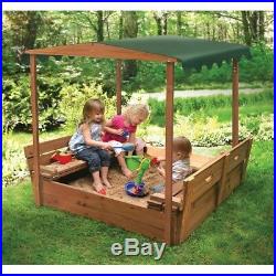 Outdoor Rectangular Sandbox Covered Canopy Convertible Bench Seat Play Kids Wood