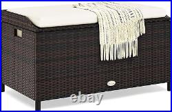 Rattan Storage Box Outdoor Storage Bench Patio Wicker Deck Box with Seat Cushion