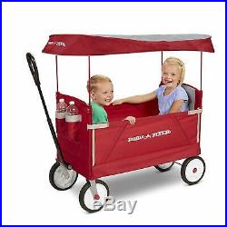 Red Kids Children 3-In-1 Safety Cargo Bench Seat Folding Wagon with Canopy Cover