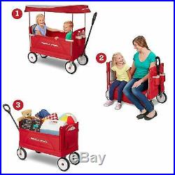 Red Kids Children 3-In-1 Safety Cargo Bench Seat Folding Wagon with Canopy Cover