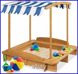 Sandbox with Cover Wooden Frame for Kids Backyard Fun Toys Seat Bench Buckets US