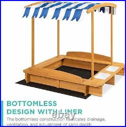 Sandbox with Cover Wooden Frame for Kids Backyard Fun Toys Seat Bench Buckets US