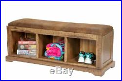 Solid Wood Hall Bench with Pinto Brown Microfiber Fabric Covered Cushioned Seat