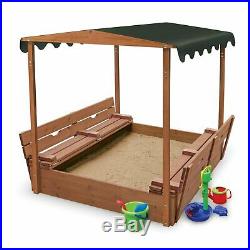 Toddler Convertible Wood Cedar Canopy Sandbox Kid Double Bench Seat Basket Cover