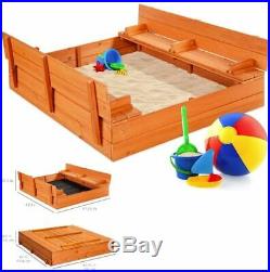Toddler Kids Wooden Outdoor Backyard Sandbox with 2 Foldable Bench Seats and Cover