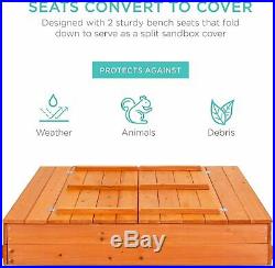 Toddler Kids Wooden Outdoor Backyard Sandbox with 2 Foldable Bench Seats and Cover