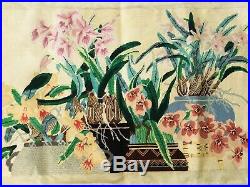 Vintage Needlepoint Petit Point Bench Seat Cover Orchids Floral 29 X 17