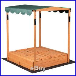 Wood Convertible Canopy Sandbox with Covered Bench Seats Kids Play Sand Box Toys
