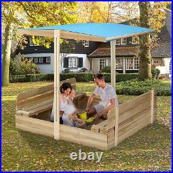 Wood Sandbox Bench Garden Kids Play Sand Box Toys with Canopy Covered Seats US