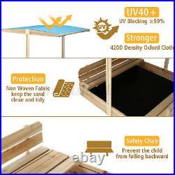 Wood Sandbox Bench Garden Kids Play Sand Box Toys with Canopy Covered Seats US