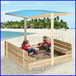 Wooden Sandbox with Canopy Covered Foldable Bench Seats Kids Play Sand Box Toys