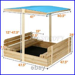 Wooden Sandbox with Canopy Covered Foldable Bench Seats Kids Play Sand Box Toys